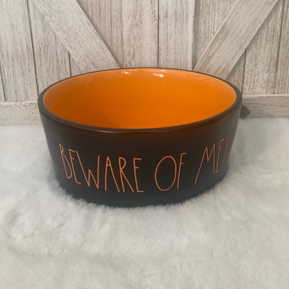 Rae Dunn Large Orange and Black Pet Bowl with 'Beware of Me!' Text